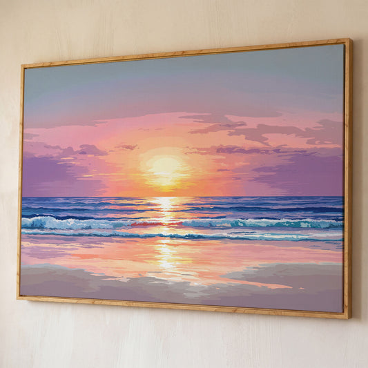Ocean Sunset Canvas Art. Waves, Light and Wet Sand shown in white oak floating frame