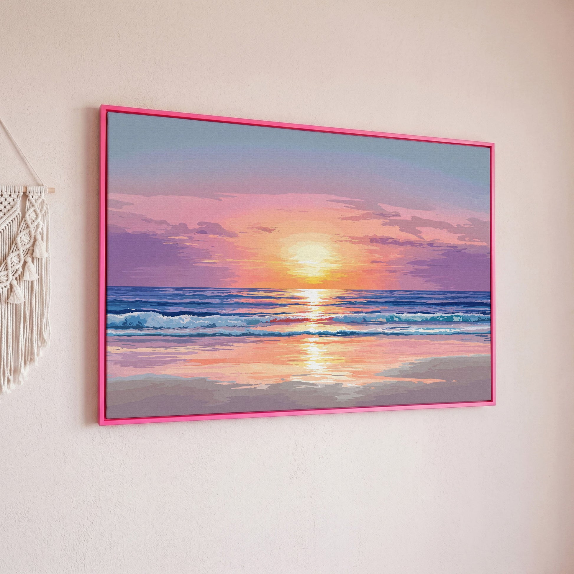 Ocean Sunset Canvas Art. Waves, Light and Wet Sand in pink floating frame