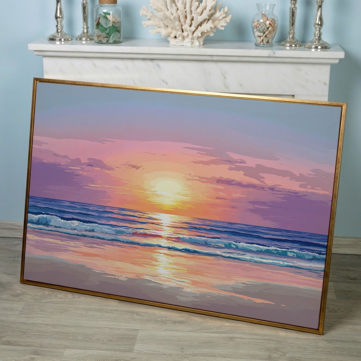 Ocean Sunset Canvas Art. Waves, Light and Wet Sand in rose gold floating frame
