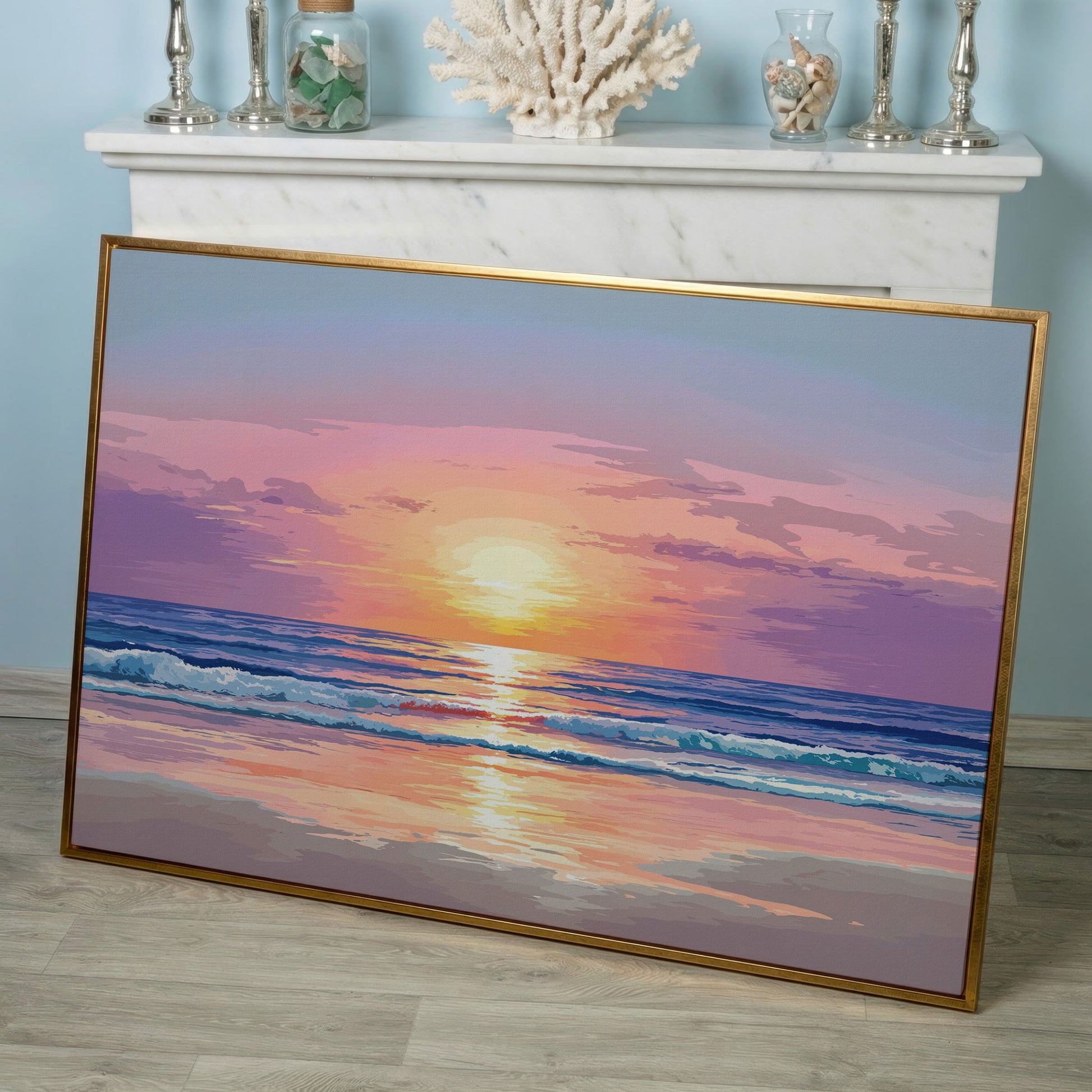 Ocean Sunset Canvas Art. Waves, Light and Wet Sand in rose gold floating frame