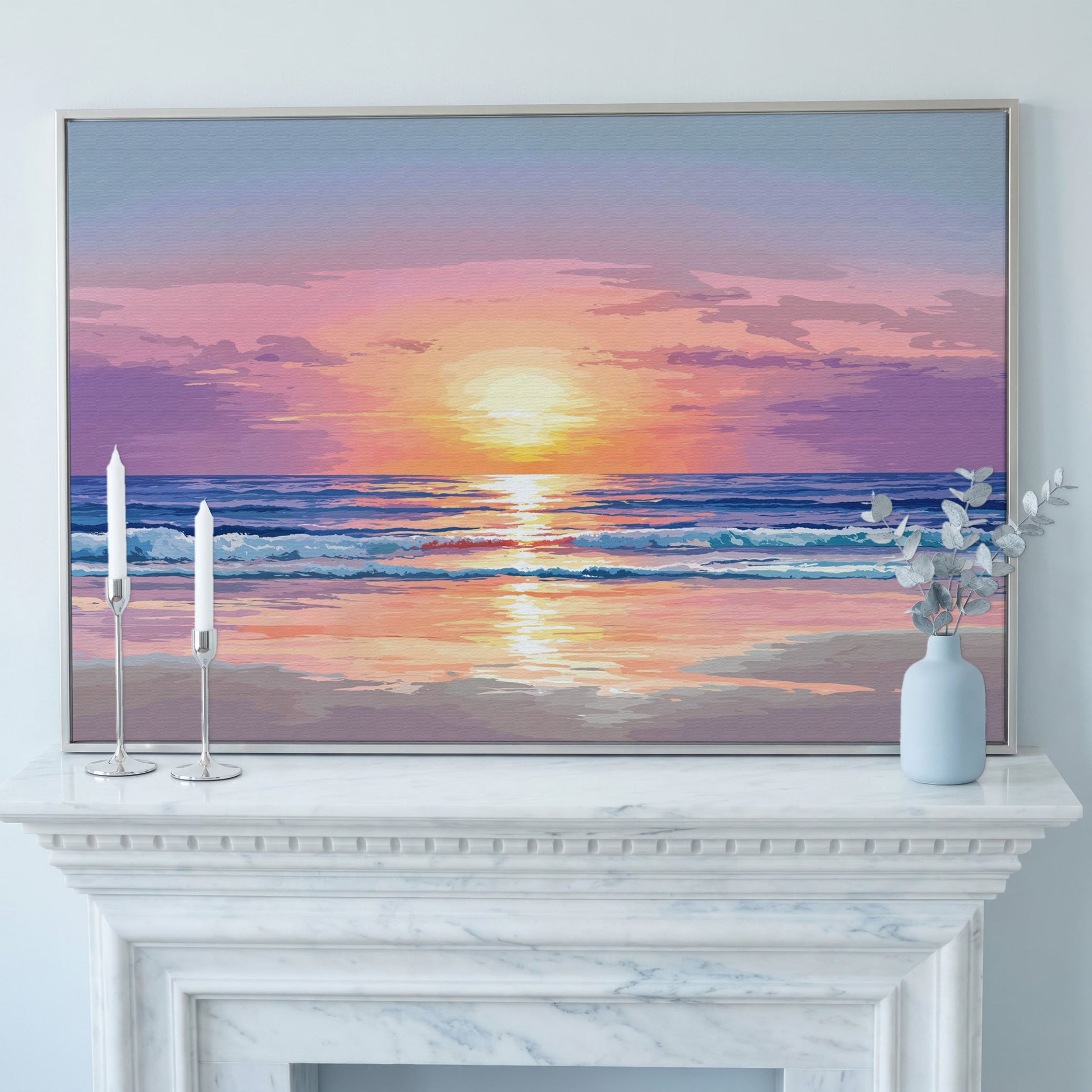 Ocean Sunset Canvas Art. Waves, Light and Wet Sand in silver floating frame