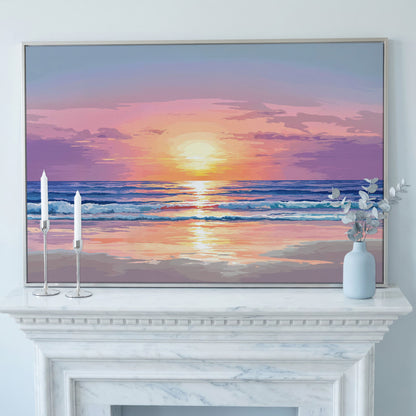 Ocean Sunset Canvas Art. Waves, Light and Wet Sand in silver floating frame