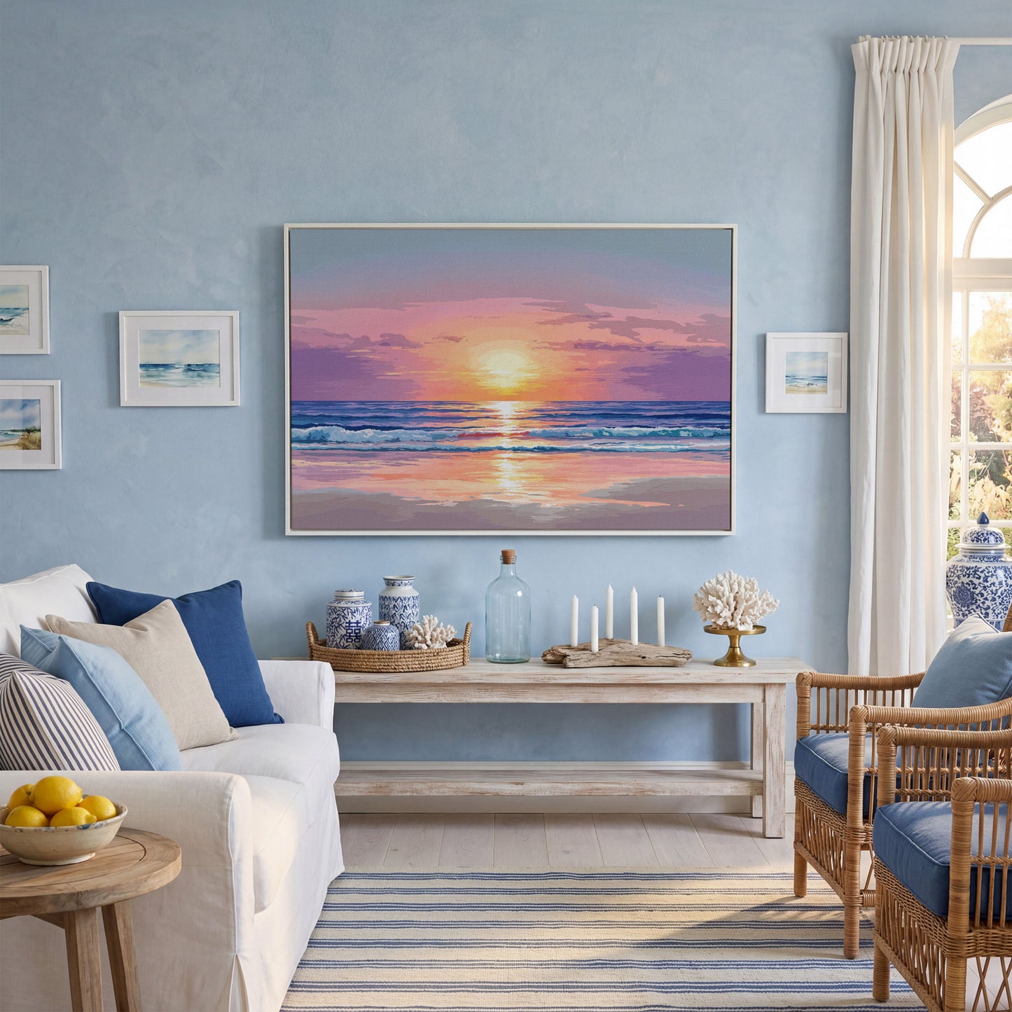 Ocean Sunset Canvas Art. Waves, Light and Wet Sand in white floating frame
