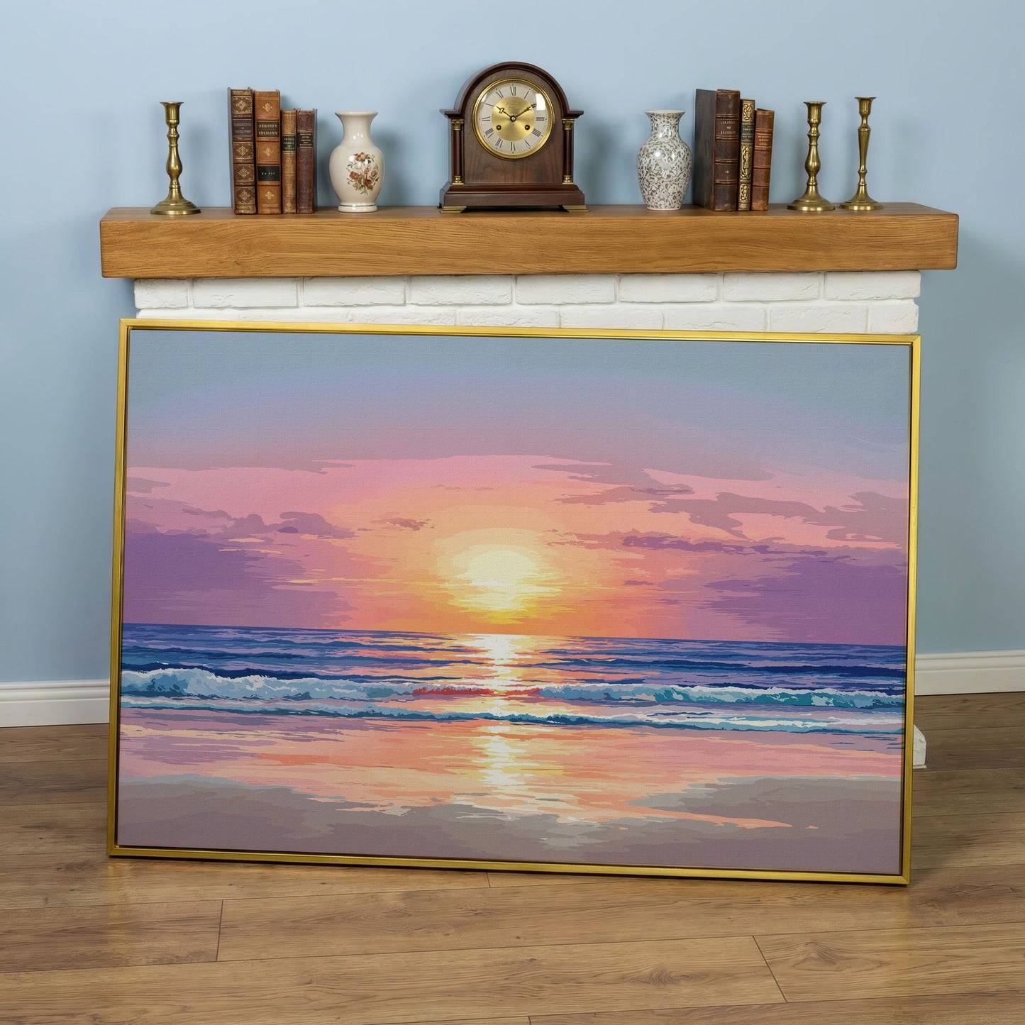 Ocean Sunset Canvas Art. Waves, Light and Wet Sand in yellow gold floating frame