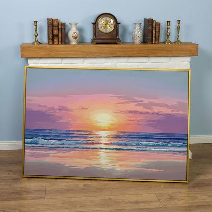 Ocean Sunset Canvas Art. Waves, Light and Wet Sand in yellow gold floating frame