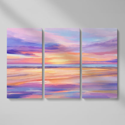Coastal Sunset Reflection Canvas Art for Beach Walls as 3-panel split version