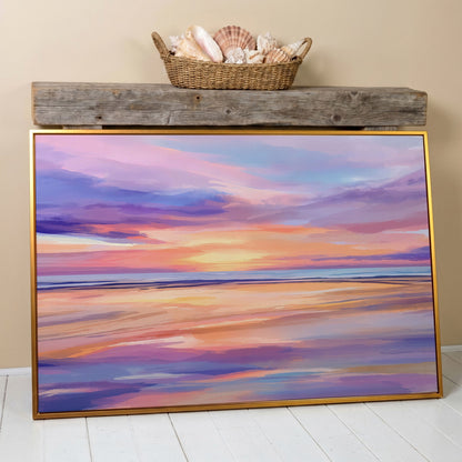 Coastal Sunset Reflection Canvas Art for Beach Walls in antique gold floating frame