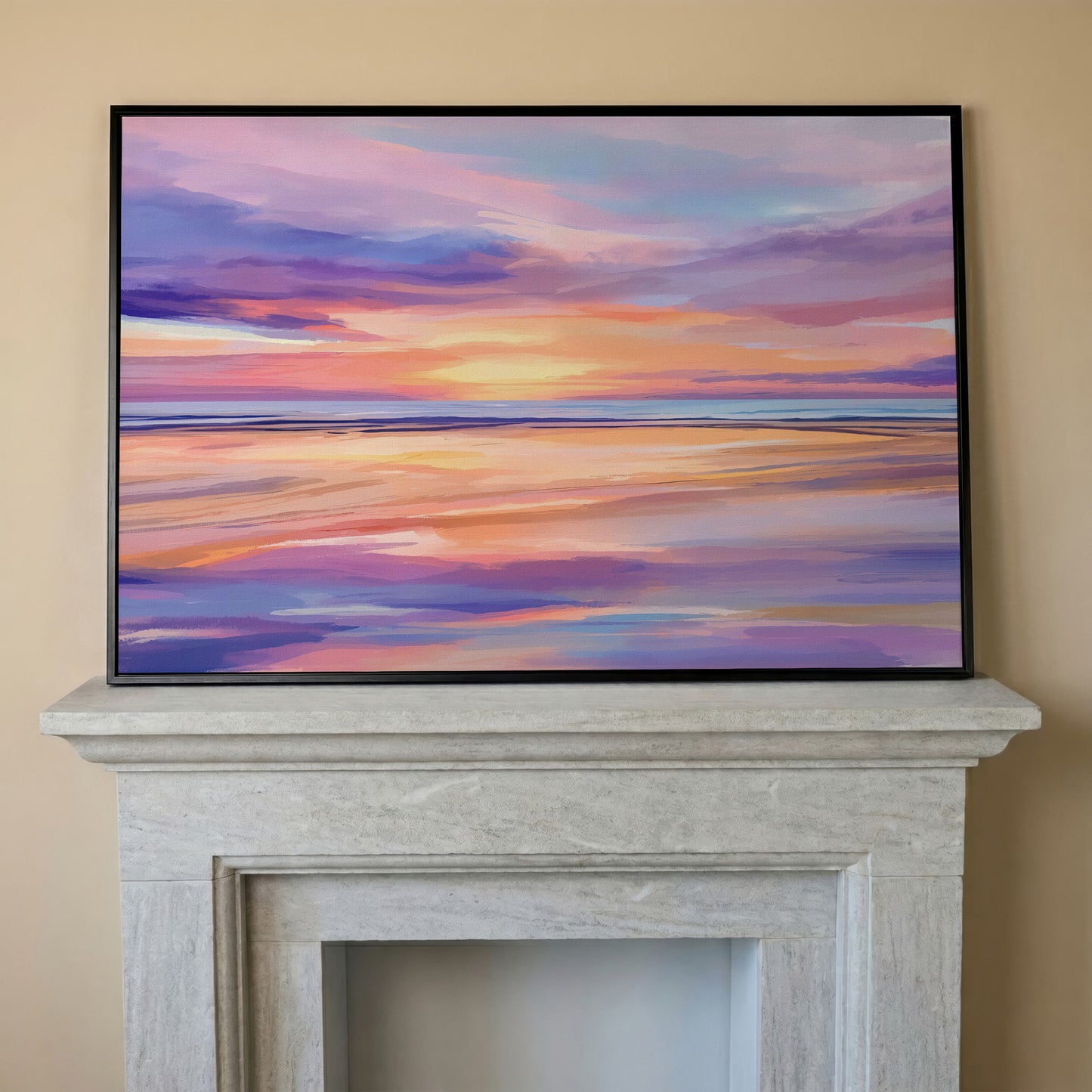Coastal Sunset Reflection Canvas Art for Beach Walls in black floating frame