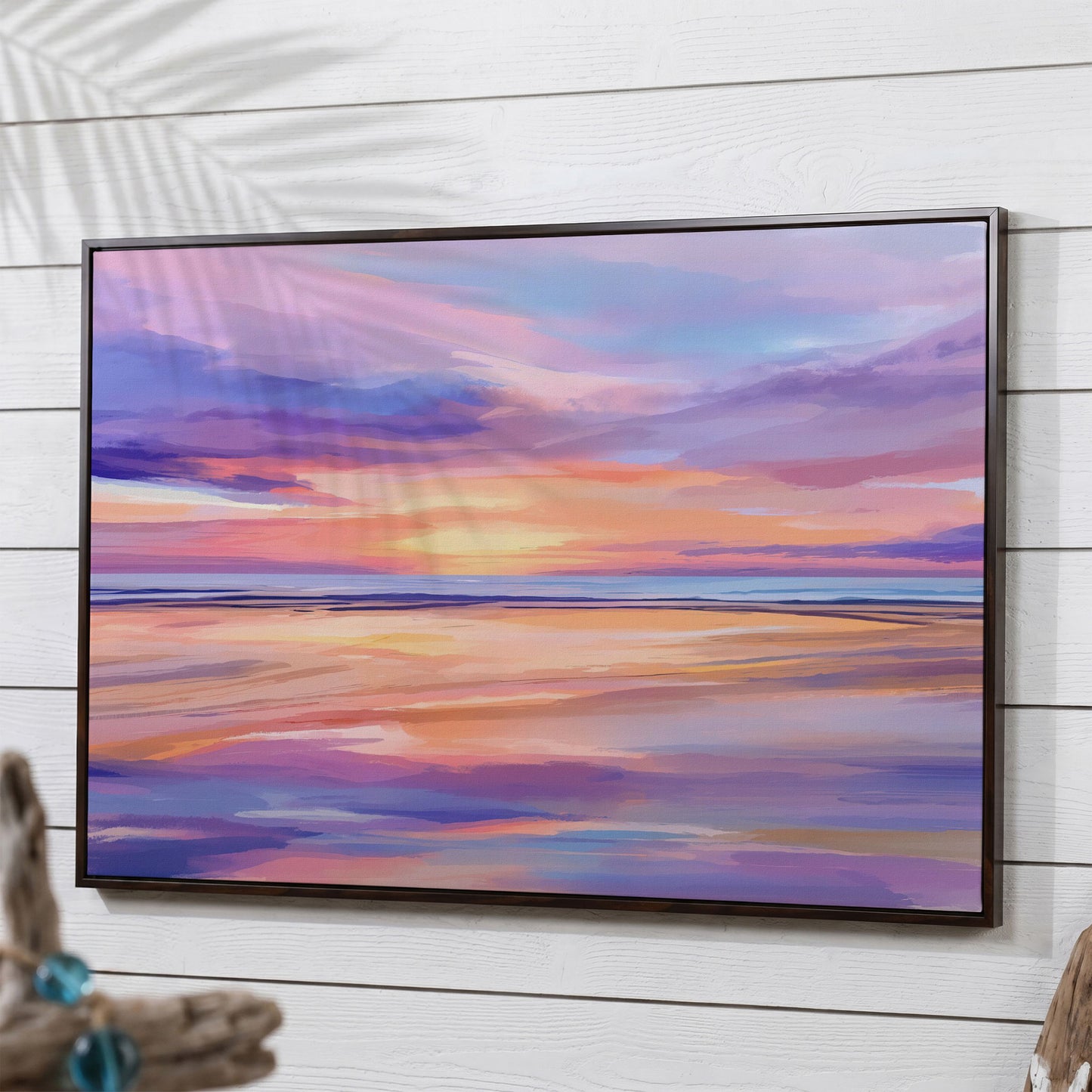 Coastal Sunset Reflection Canvas Art for Beach Walls in dark walnut floating frame