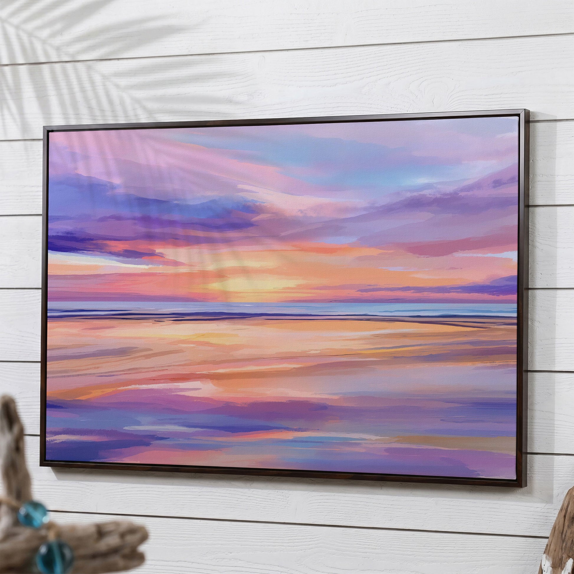Coastal Sunset Reflection Canvas Art for Beach Walls in dark walnut floating frame