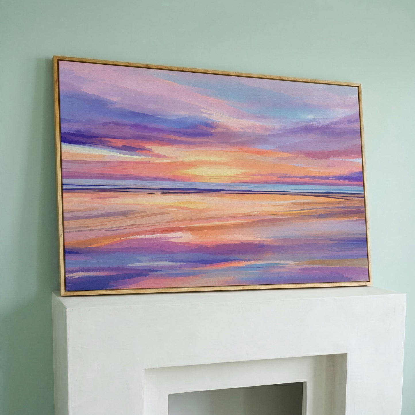 Coastal Sunset Reflection Canvas Art for Beach Walls in white oak floating frame