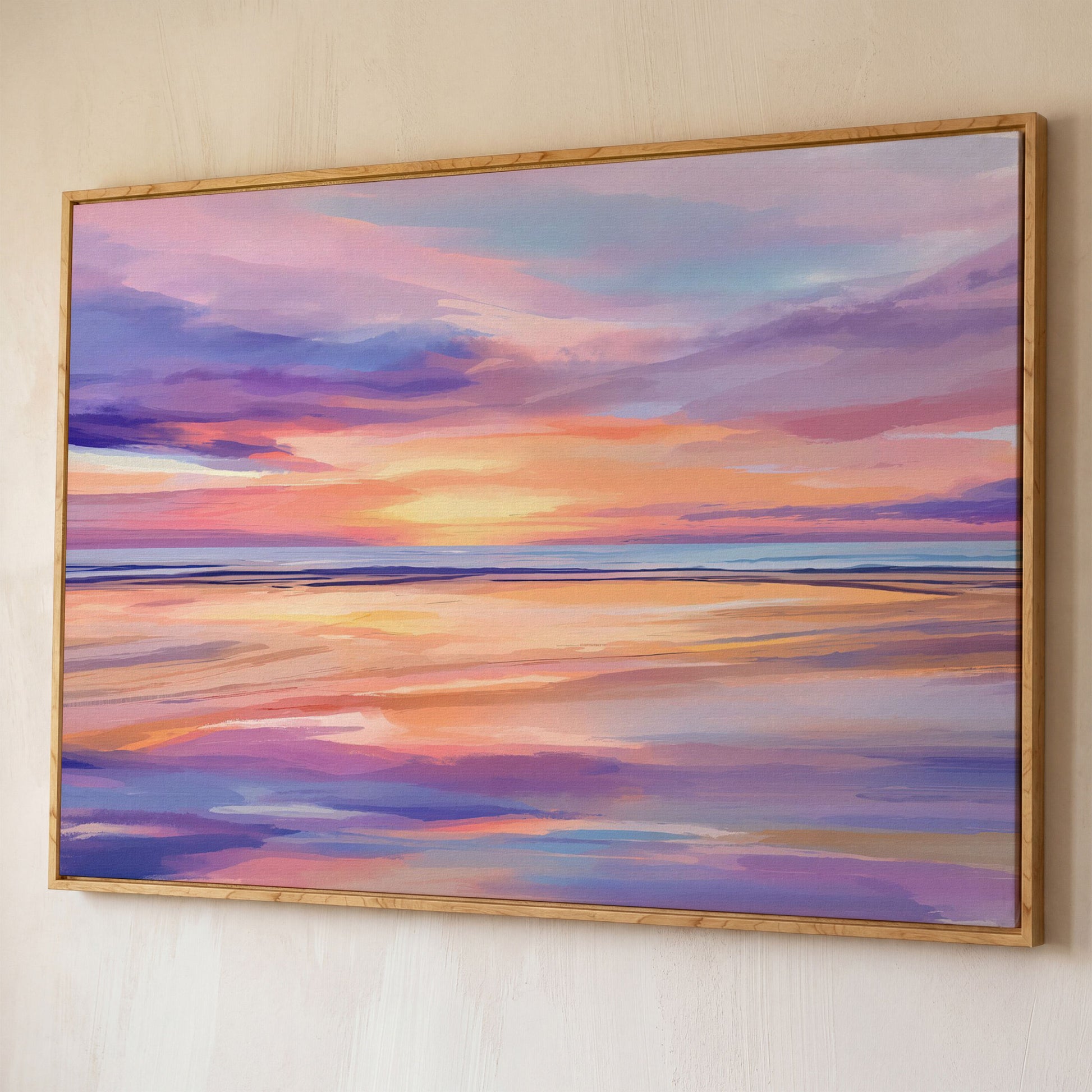 Coastal Sunset Reflection Canvas Art for Beach Walls shown in white oak floating frame