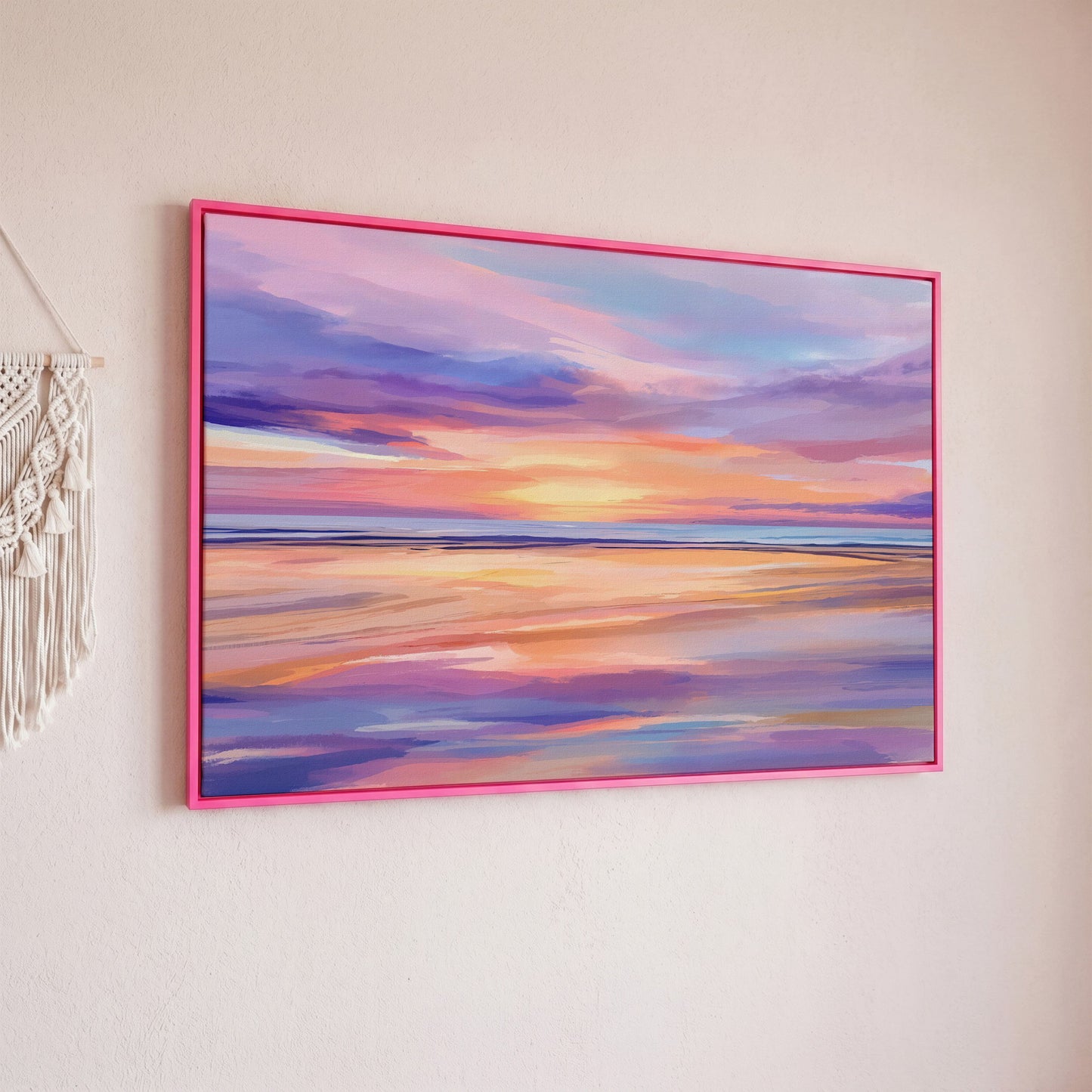 Coastal Sunset Reflection Canvas Art for Beach Walls in pink floating frame