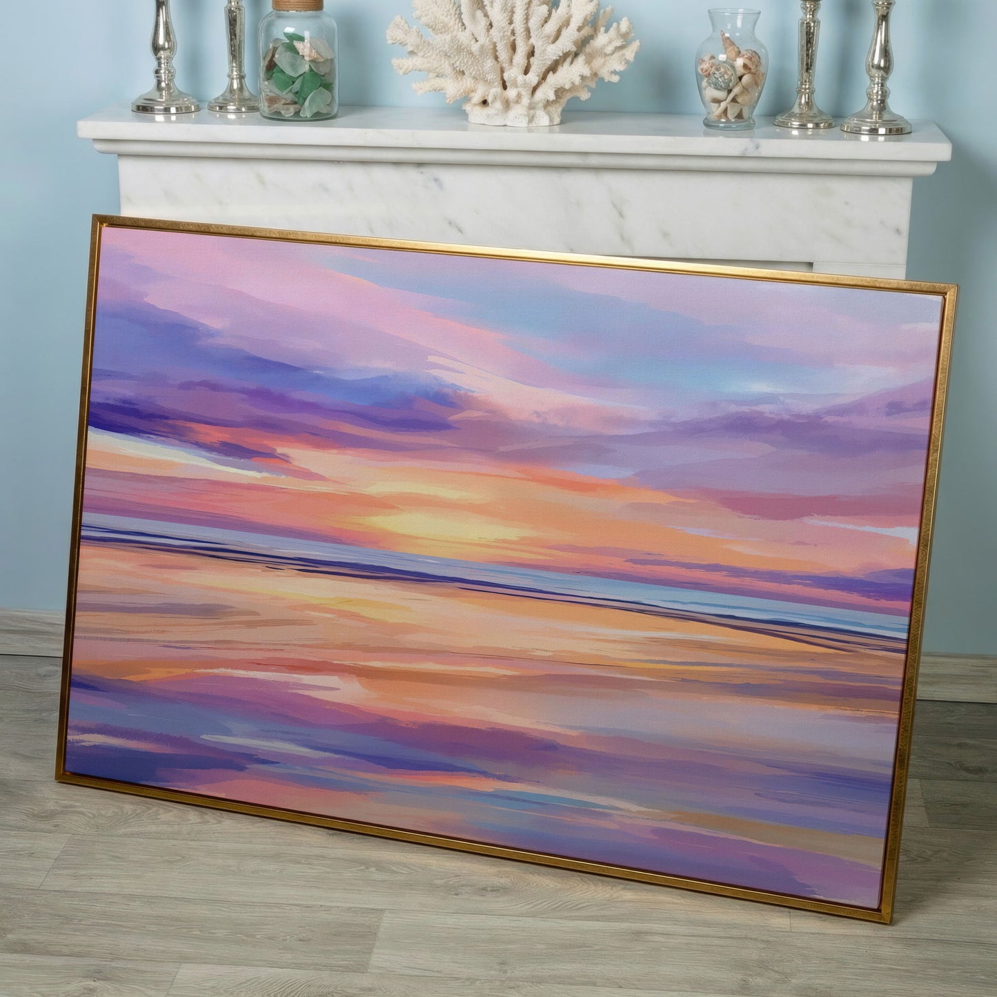 Coastal Sunset Reflection Canvas Art for Beach Walls in rose gold floating frame
