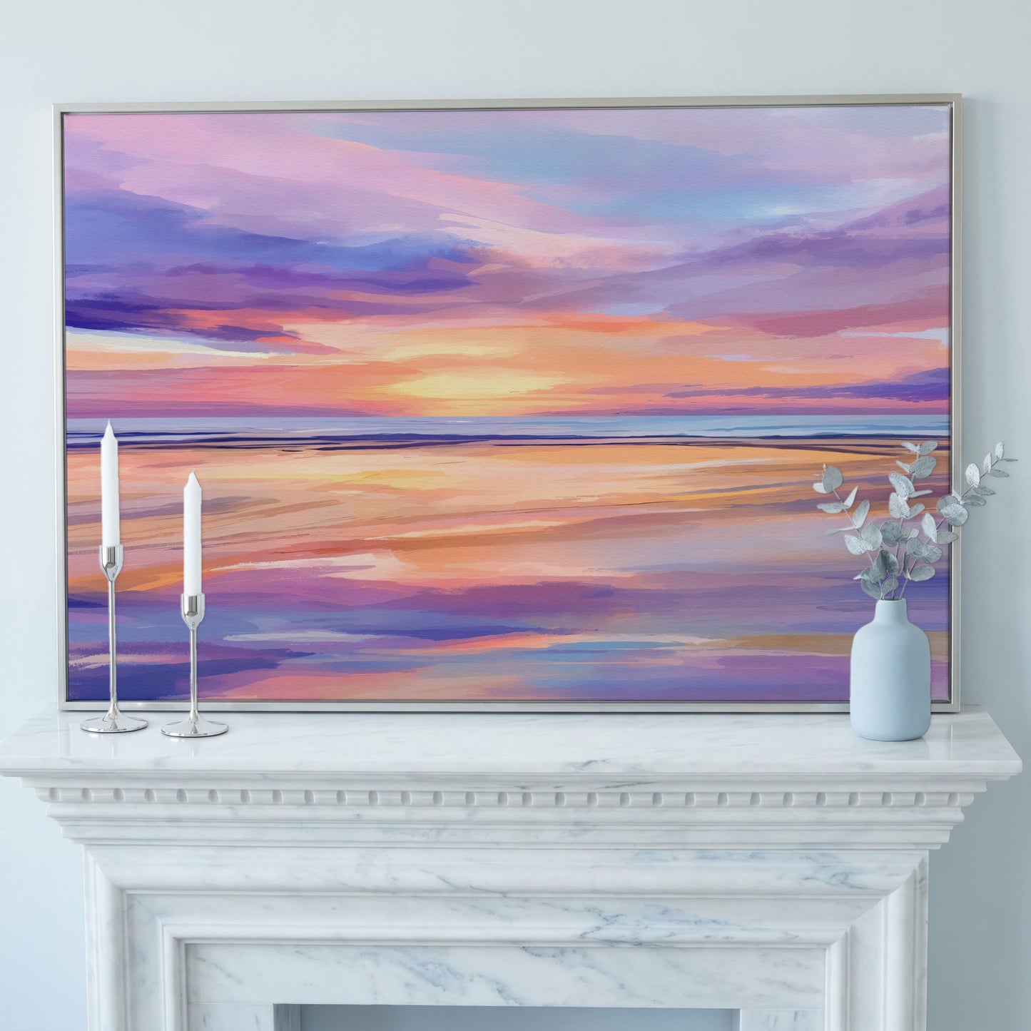 Coastal Sunset Reflection Canvas Art for Beach Walls in silver floating frame