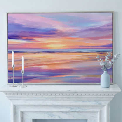 Coastal Sunset Reflection Canvas Art for Beach Walls in silver floating frame
