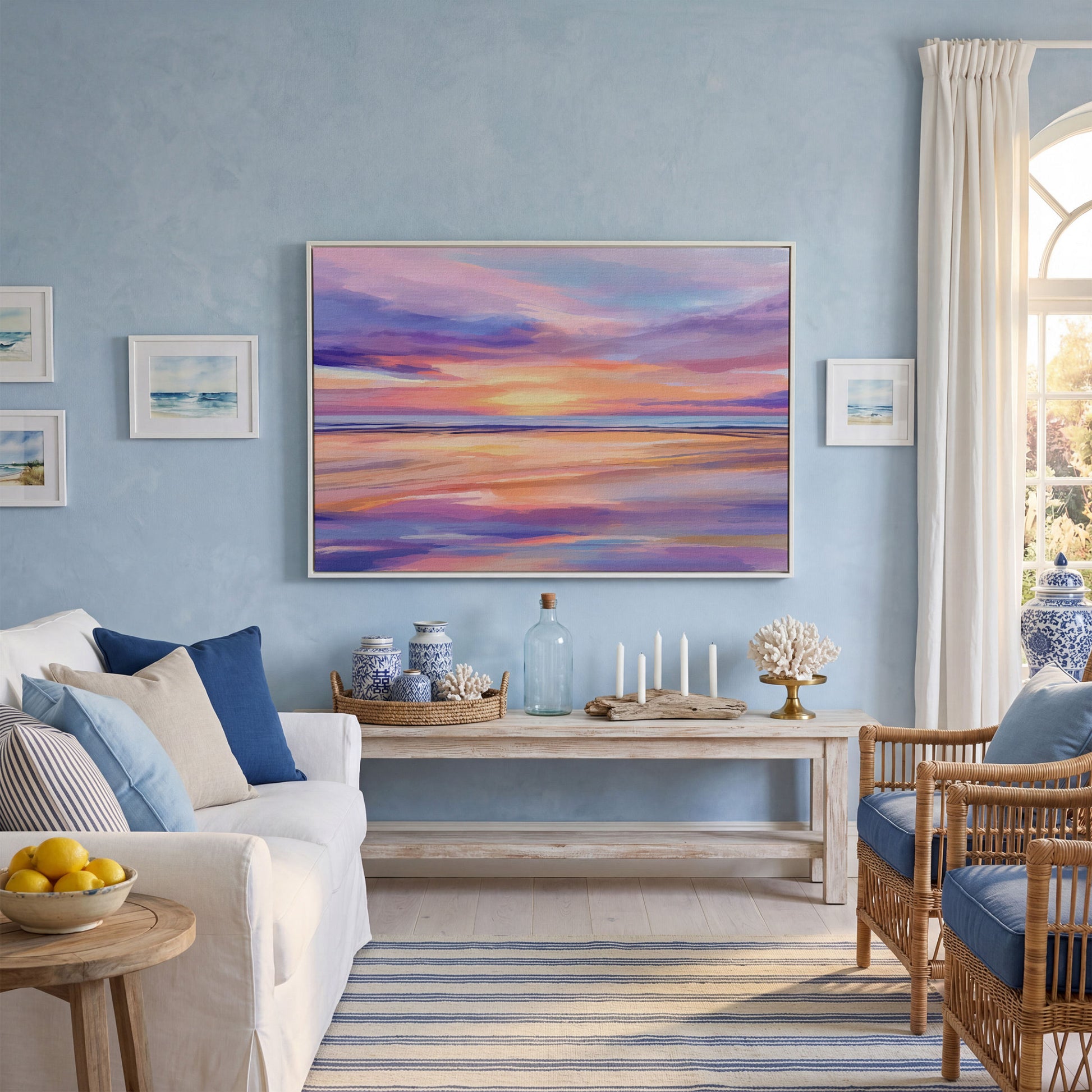 Coastal Sunset Reflection Canvas Art for Beach Walls in white floating frame