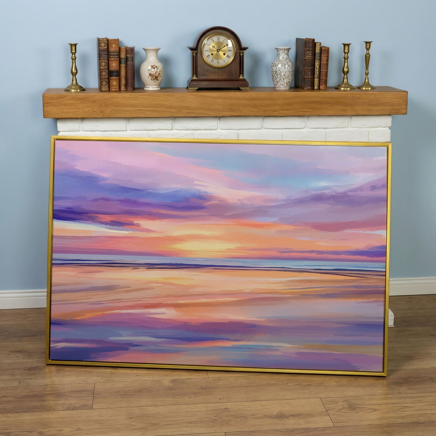 Coastal Sunset Reflection Canvas Art for Beach Walls in yellow gold floating frame