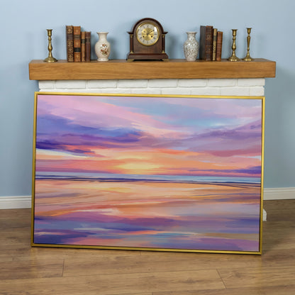 Coastal Sunset Reflection Canvas Art for Beach Walls in yellow gold floating frame