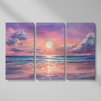 Sunset Seascape Ocean Waves Canvas Wall Art as 3-panel split version