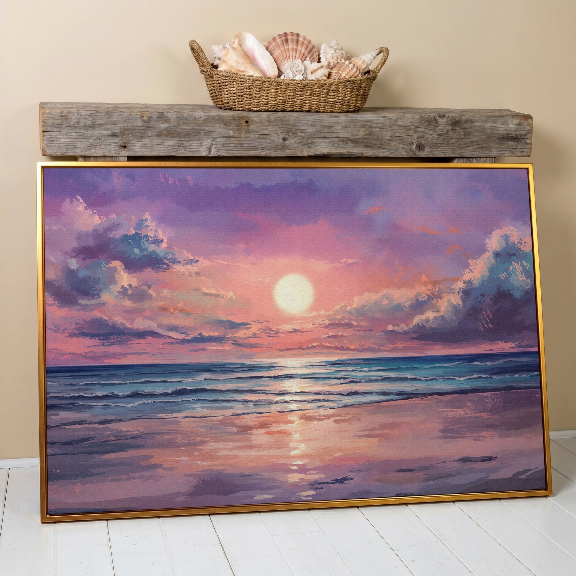 Sunset Seascape Ocean Waves Canvas Wall Art in antique gold floating frame