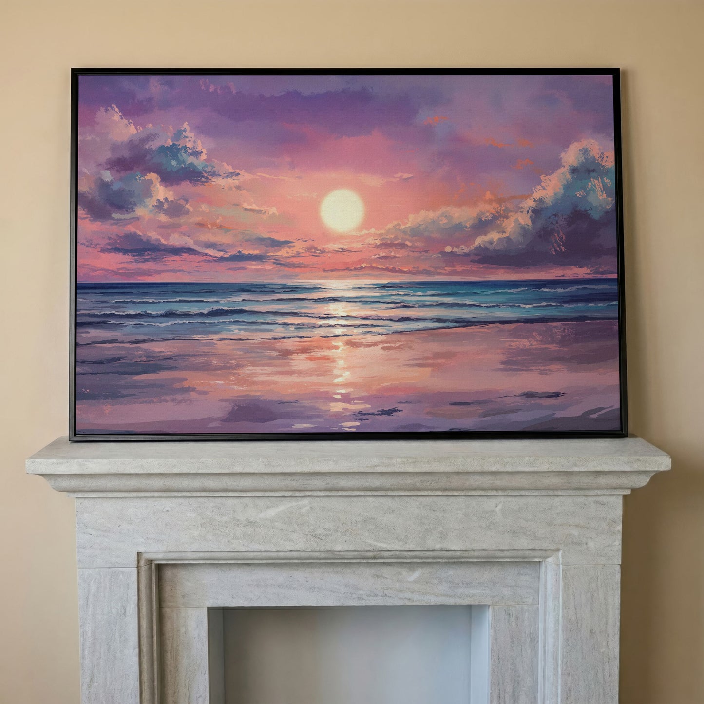 Sunset Seascape Ocean Waves Canvas Wall Art in black floating frame