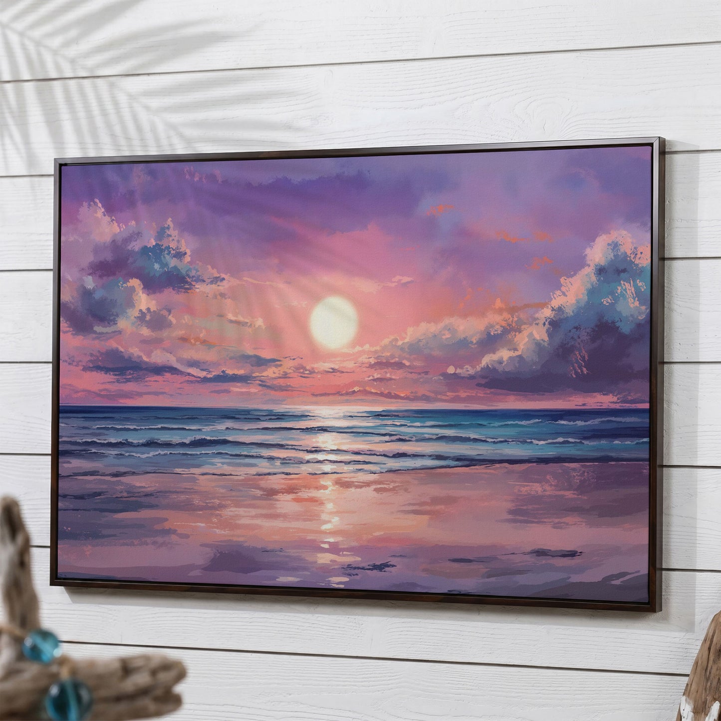Sunset Seascape Ocean Waves Canvas Wall Art in dark walnut floating frame