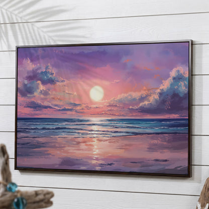 Sunset Seascape Ocean Waves Canvas Wall Art in dark walnut floating frame