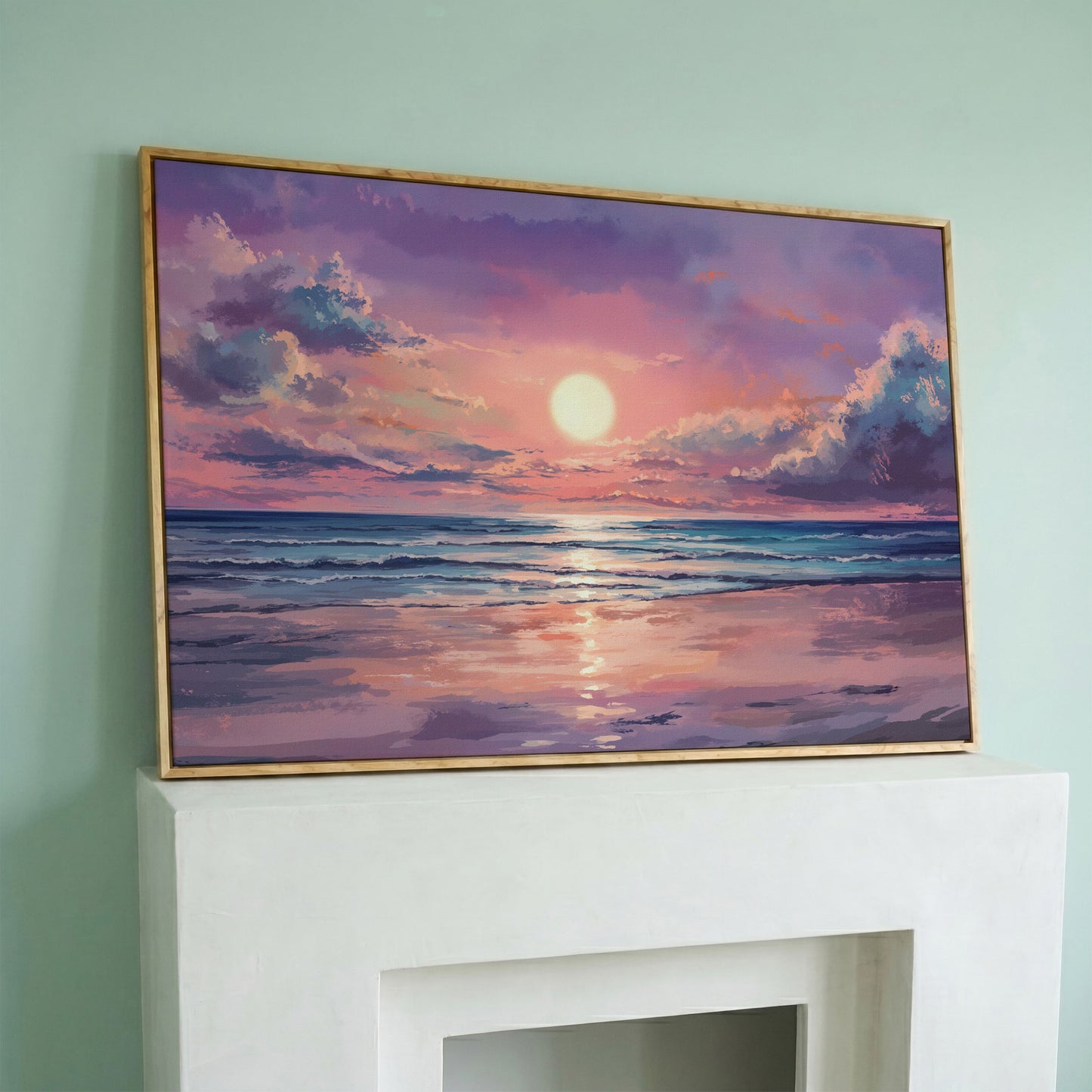 Sunset Seascape Ocean Waves Canvas Wall Art in white oak floating frame