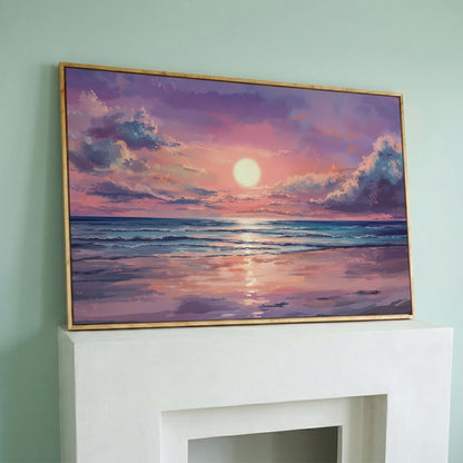 Sunset Seascape Ocean Waves Canvas Wall Art in white oak floating frame