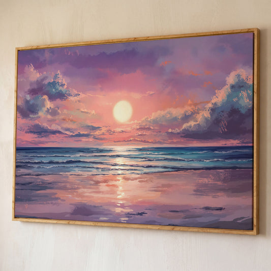 Sunset Seascape Ocean Waves Canvas Wall Art shown in white oak floating frame