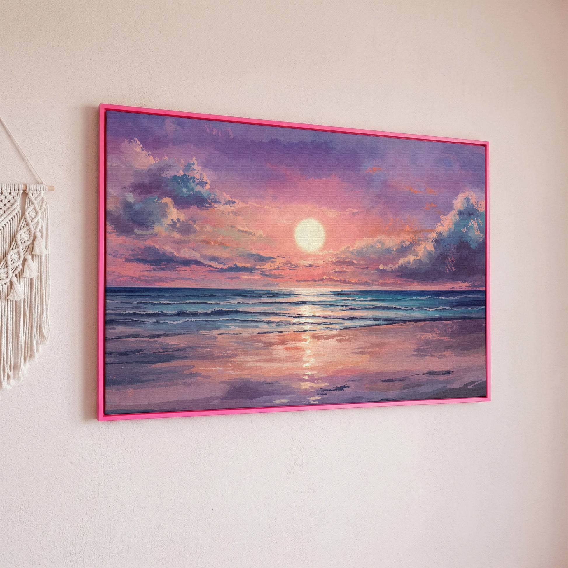 Sunset Seascape Ocean Waves Canvas Wall Art in pink floating frame