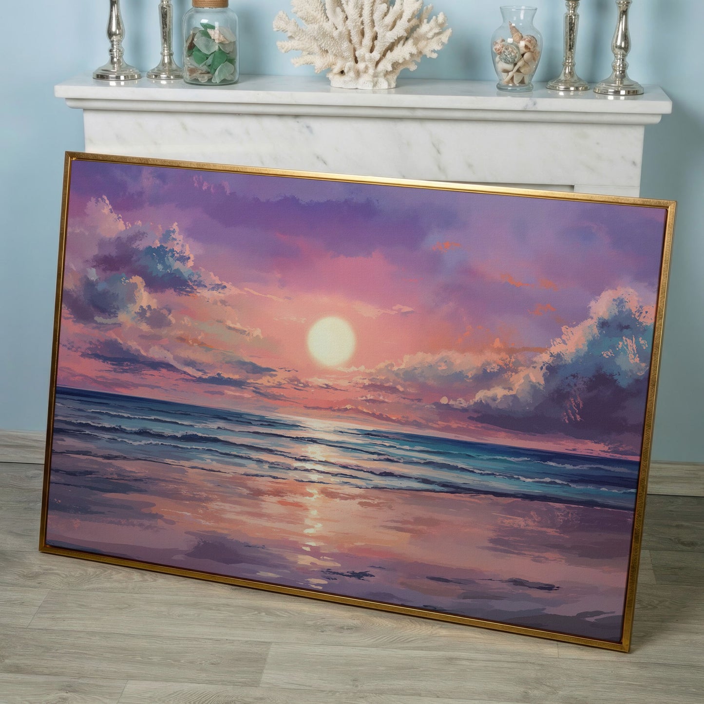 Sunset Seascape Ocean Waves Canvas Wall Art in rose gold floating frame