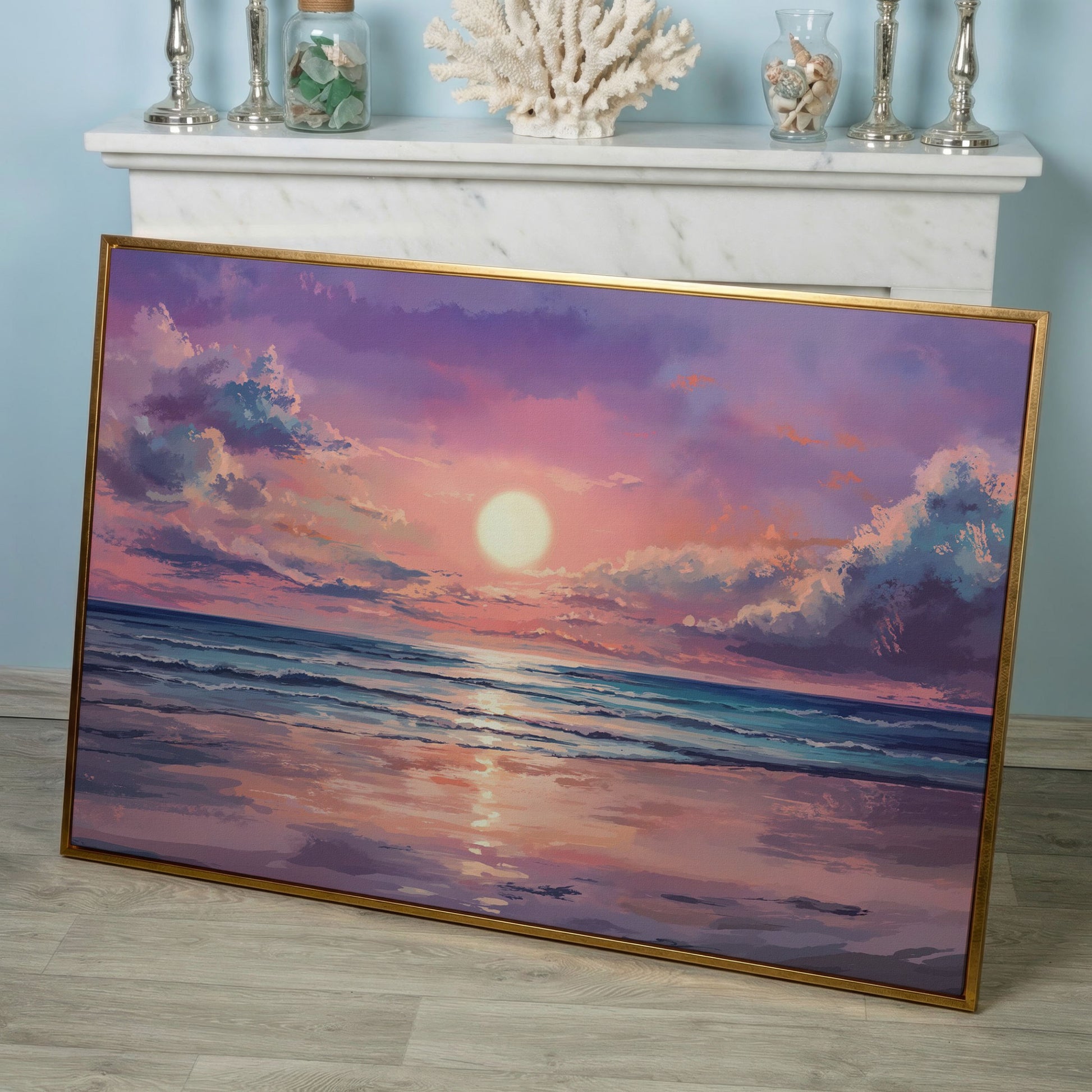 Sunset Seascape Ocean Waves Canvas Wall Art in rose gold floating frame