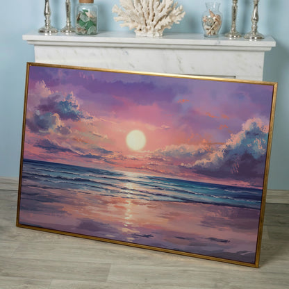 Sunset Seascape Ocean Waves Canvas Wall Art in rose gold floating frame