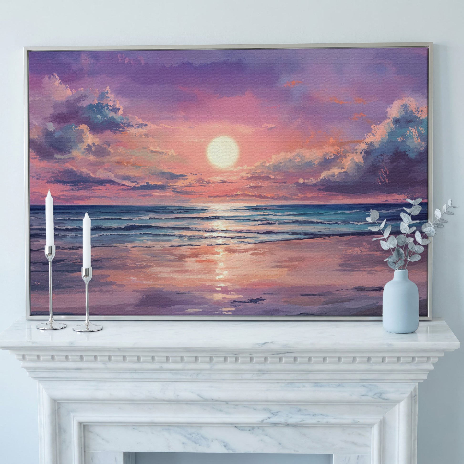 Sunset Seascape Ocean Waves Canvas Wall Art in silver floating frame