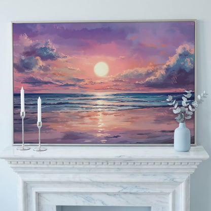 Sunset Seascape Ocean Waves Canvas Wall Art in silver floating frame