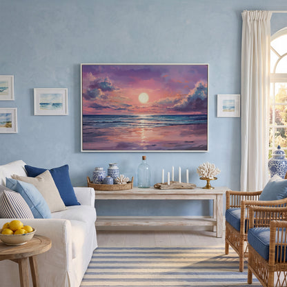 Sunset Seascape Ocean Waves Canvas Wall Art in white floating frame