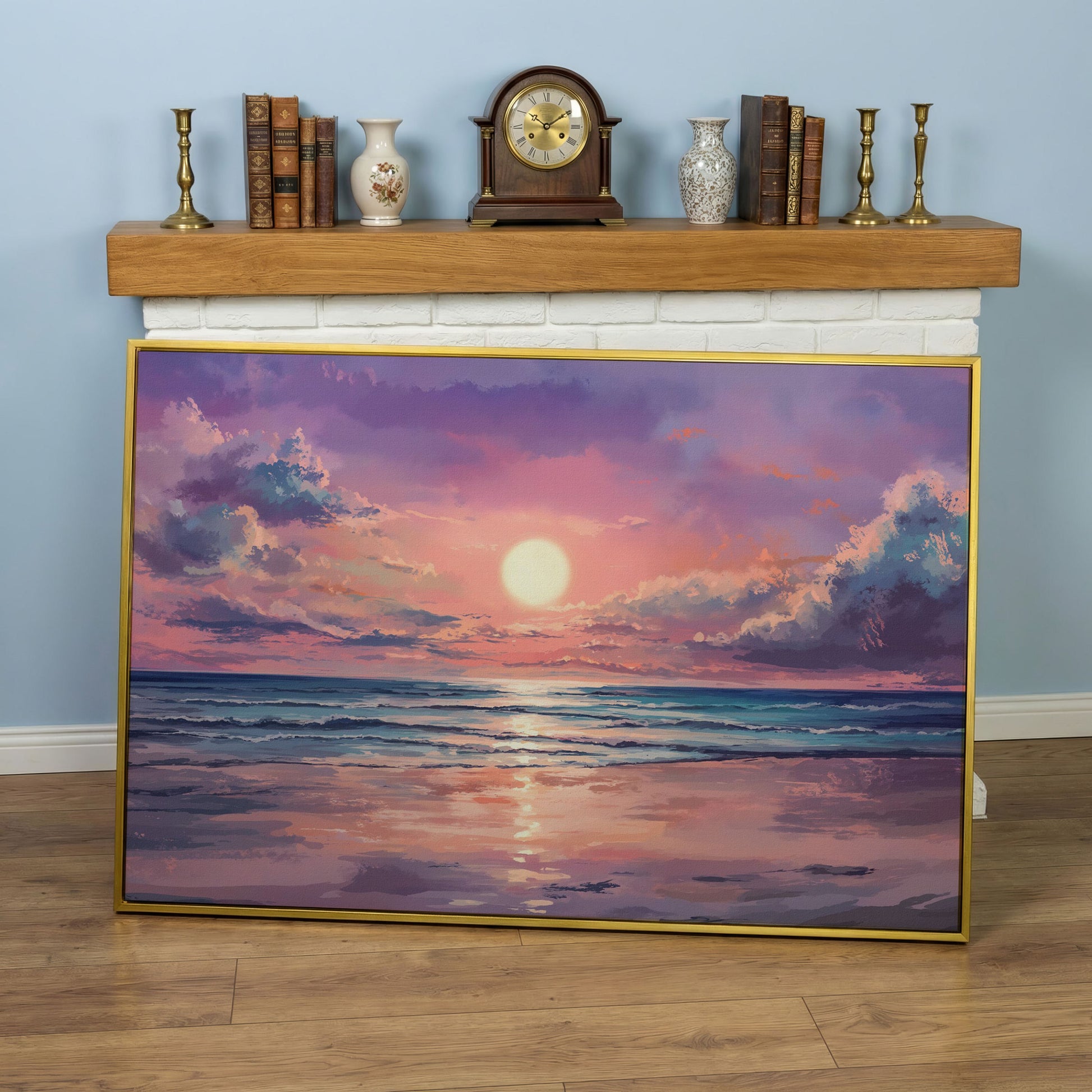 Sunset Seascape Ocean Waves Canvas Wall Art in yellow gold floating frame