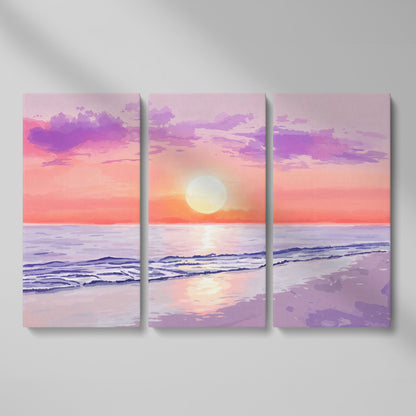 Ocean Sunset Beach Canvas Art, Waves and Horizon at Dusk as 3-panel split version