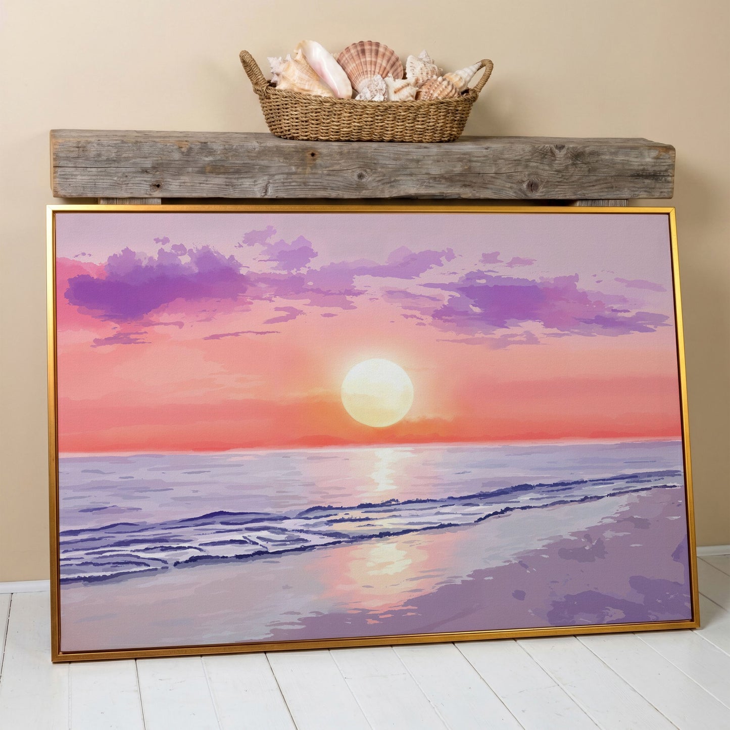 Ocean Sunset Beach Canvas Art, Waves and Horizon at Dusk in antique gold floating frame