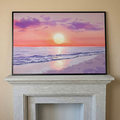 Ocean Sunset Beach Canvas Art, Waves and Horizon at Dusk in black floating frame