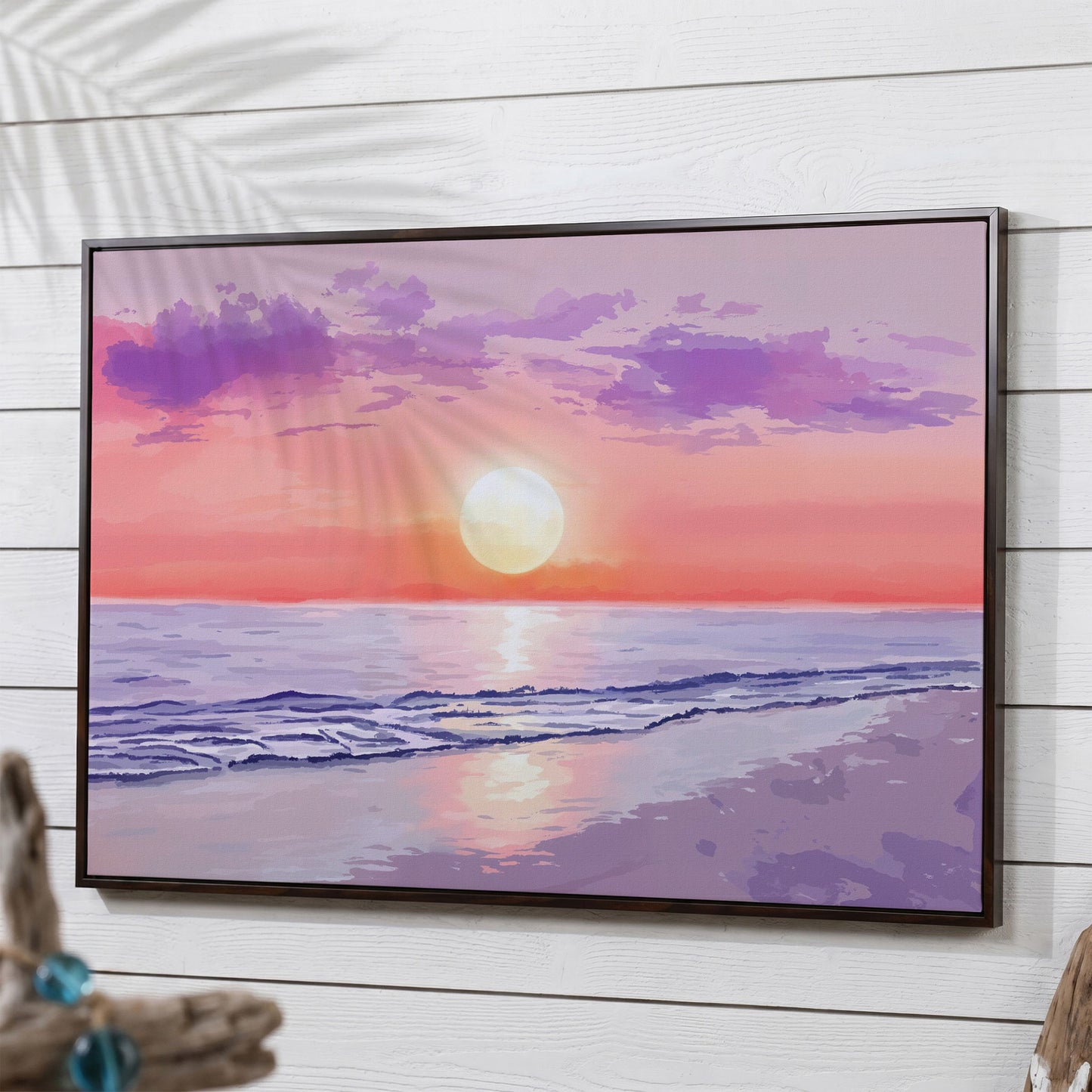 Ocean Sunset Beach Canvas Art, Waves and Horizon at Dusk in dark walnut floating frame
