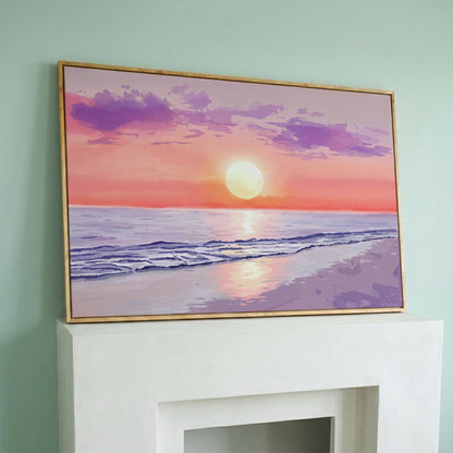 Ocean Sunset Beach Canvas Art, Waves and Horizon at Dusk in white oak floating frame