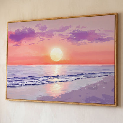 Ocean Sunset Beach Canvas Art, Waves and Horizon at Dusk shown in white oak floating frame