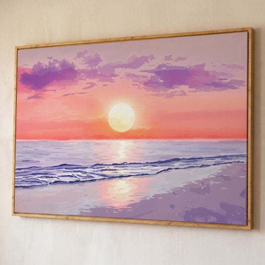 Ocean Sunset Beach Canvas Art, Waves and Horizon at Dusk shown in white oak floating frame