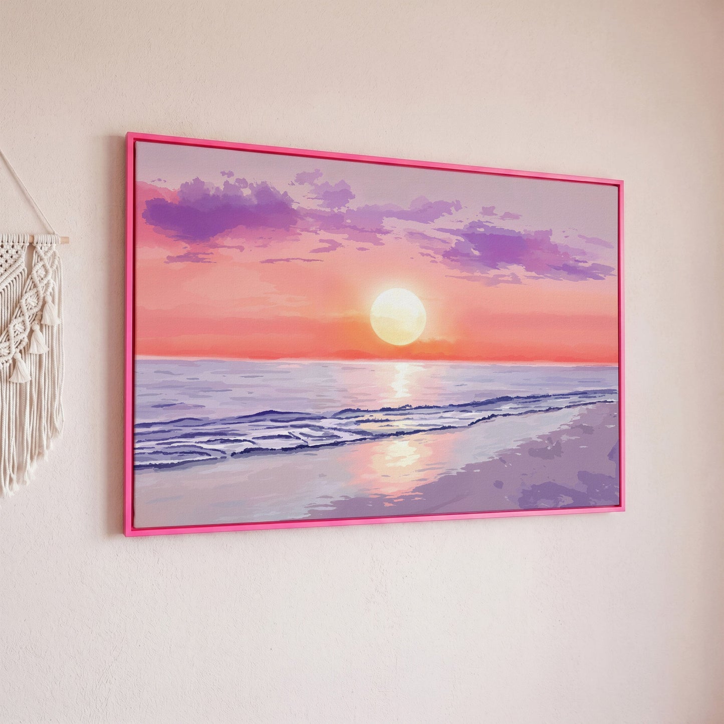 Ocean Sunset Beach Canvas Art, Waves and Horizon at Dusk in pink floating frame