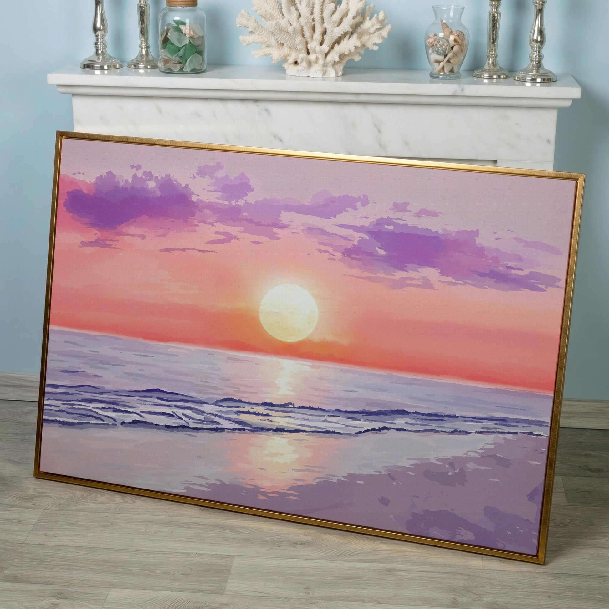 Ocean Sunset Beach Canvas Art, Waves and Horizon at Dusk in rose gold floating frame