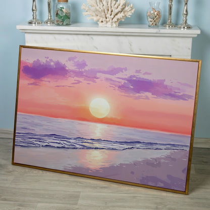 Ocean Sunset Beach Canvas Art, Waves and Horizon at Dusk in rose gold floating frame