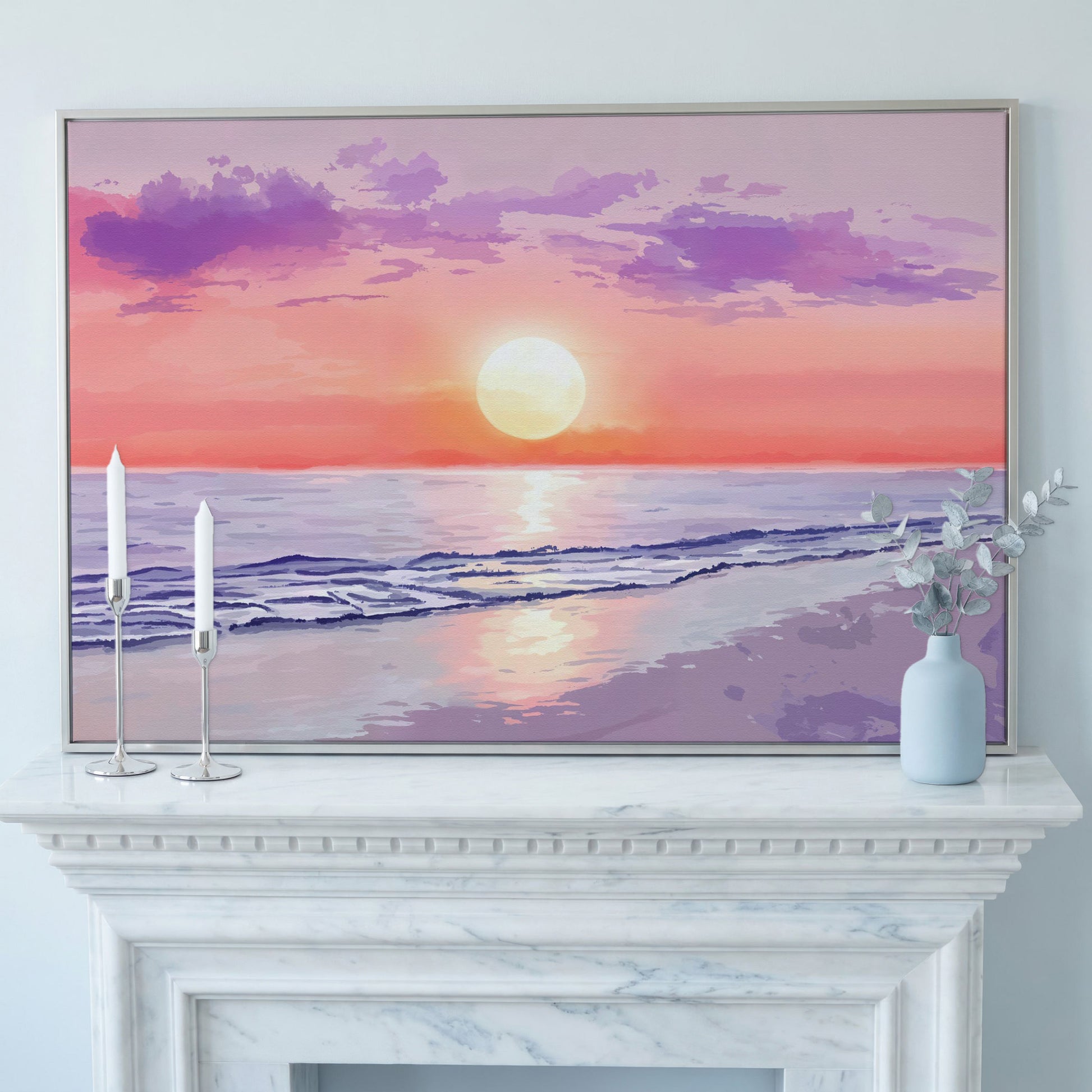 Ocean Sunset Beach Canvas Art, Waves and Horizon at Dusk in silver floating frame